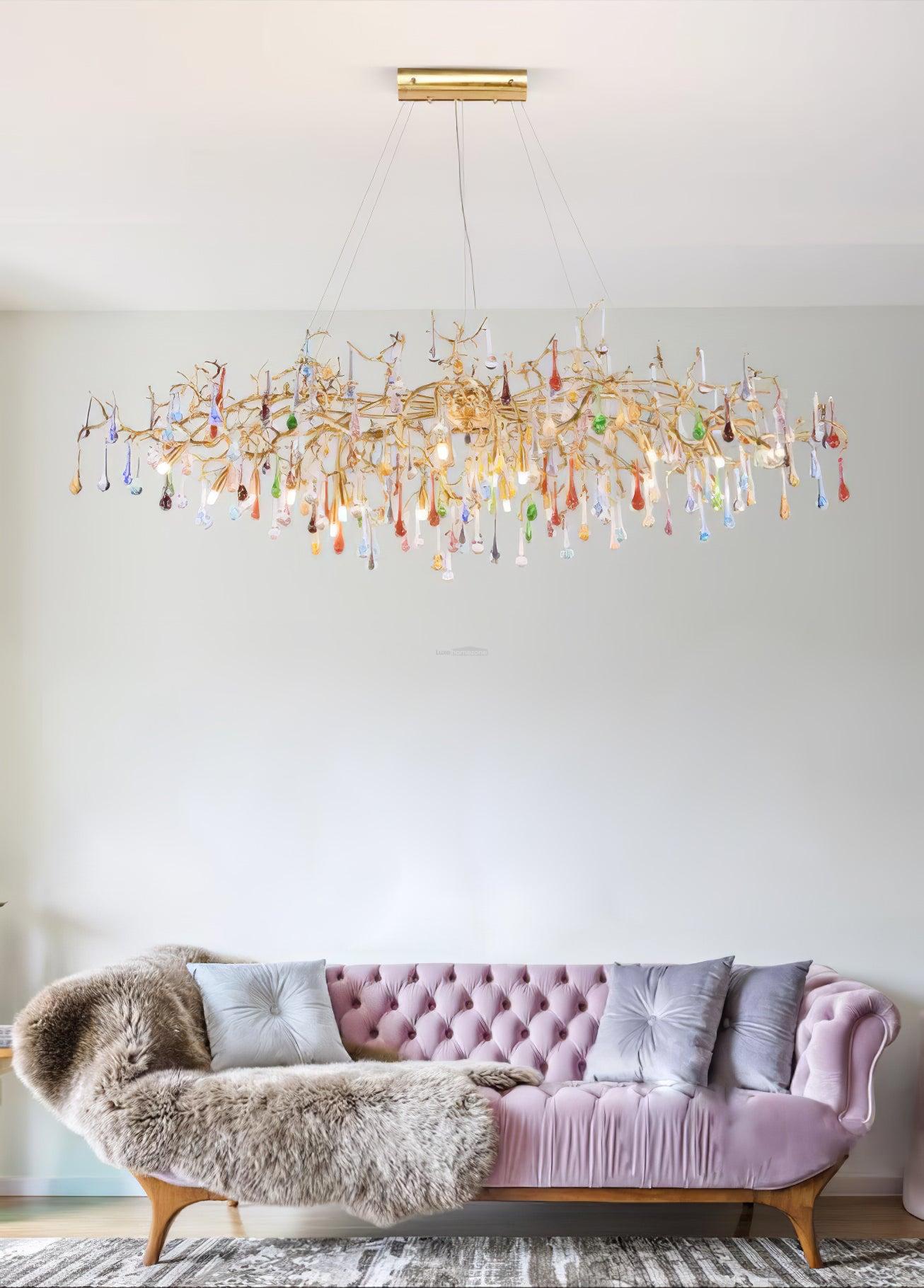 Colorful Teardrop Brass Branch Chandelier - Branch, Crystals-1-Luxehomezone