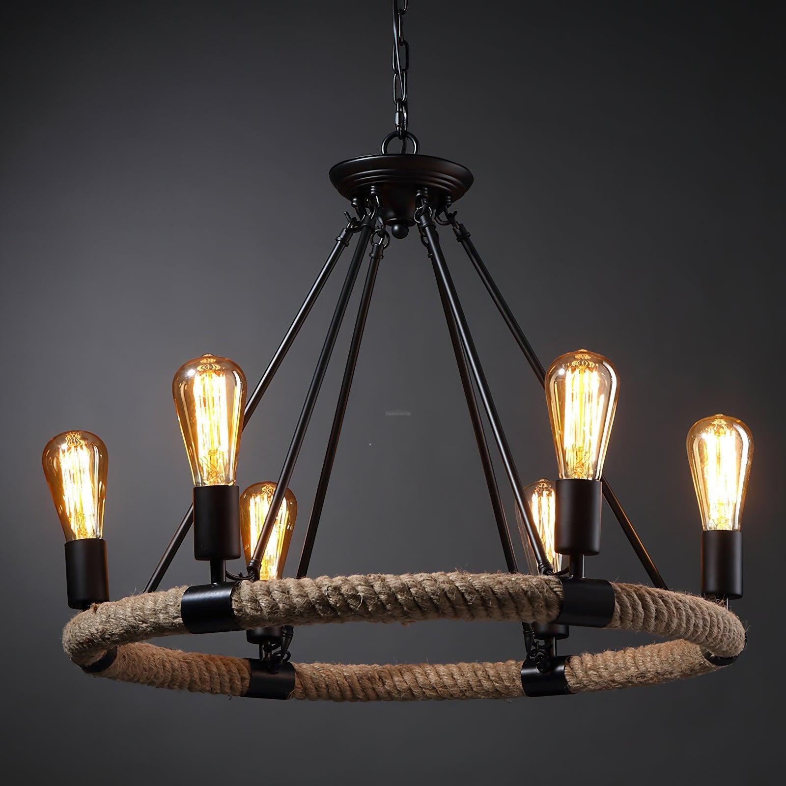 Hemp Rope Industrial Large Circle Chandelier ∅ 23.6″ - Candle-1-Luxehomezone