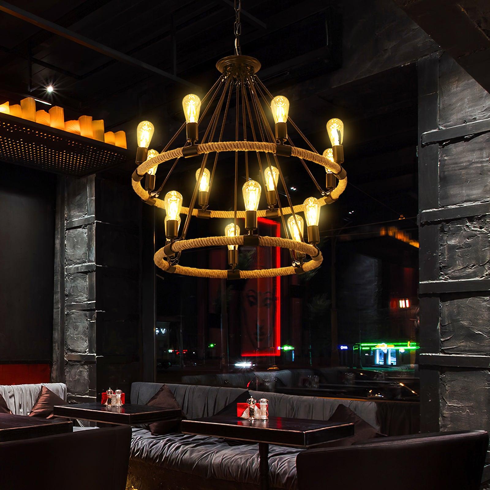 Hemp Rope Industrial Large Circle Chandelier ∅ 23.6″ - Candle-1-Luxehomezone