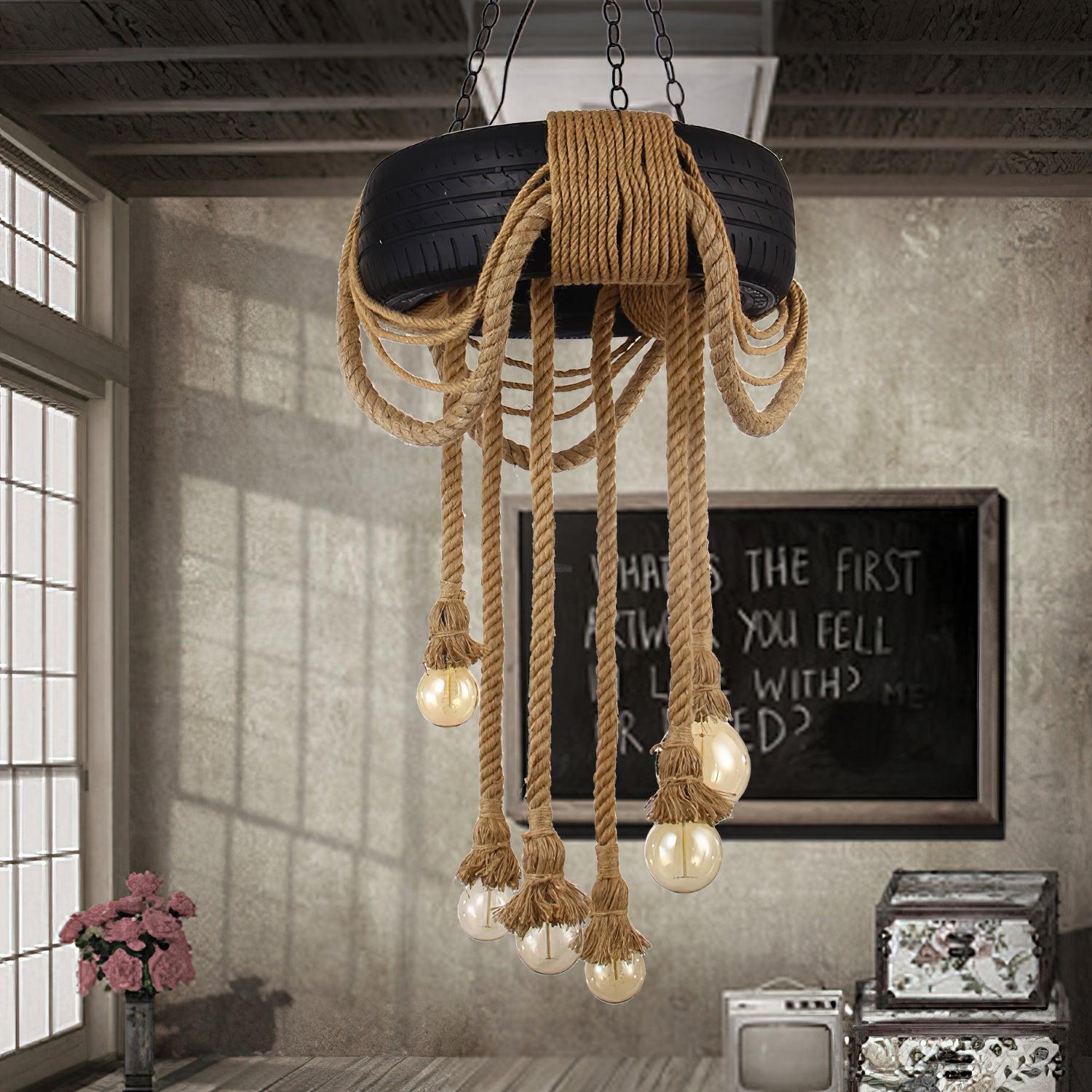 Hemp Rope Industrial Tire Chandelier ∅ 23.6″ - Luxehomezone