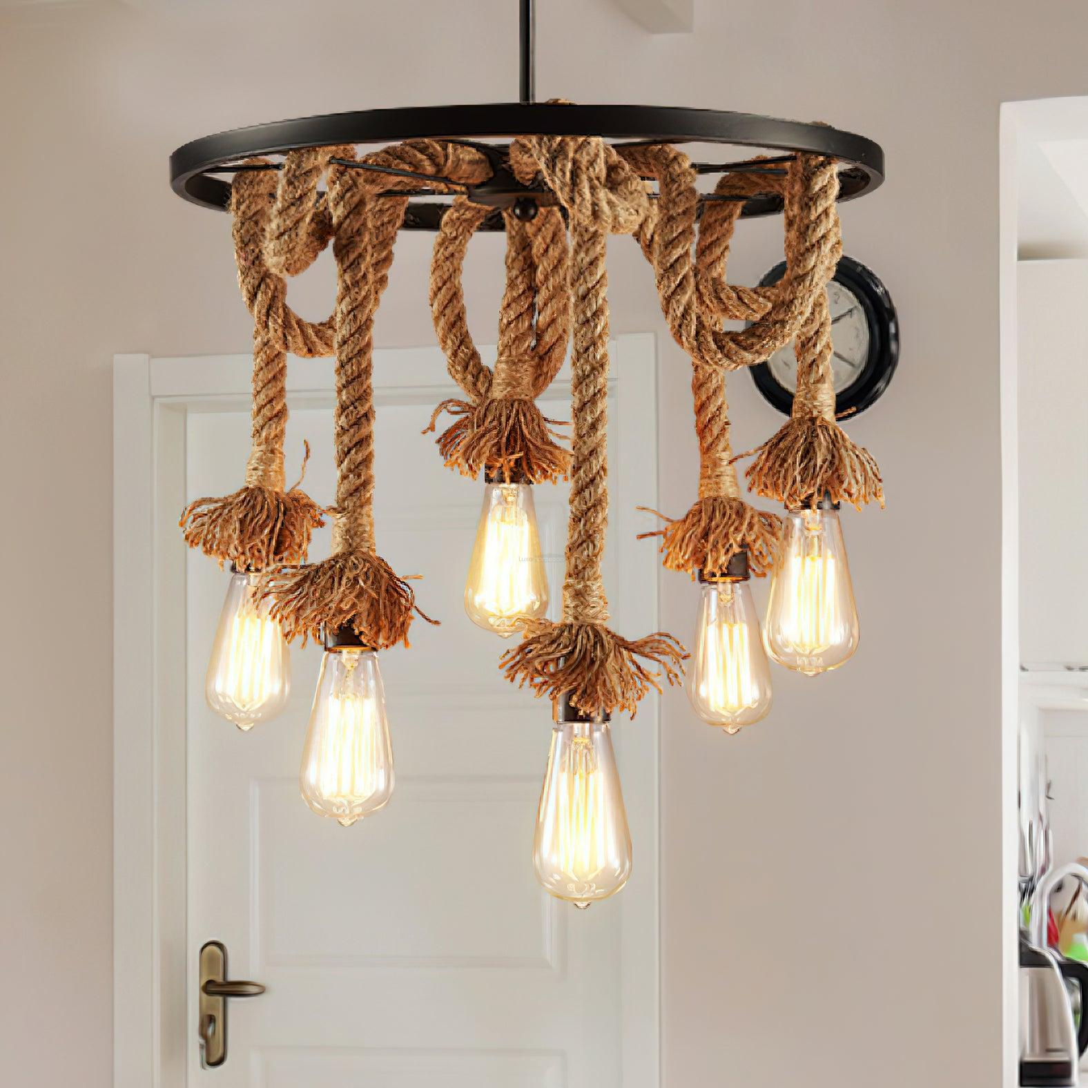 Hemp Rope Industrial Six Head Chandelier ∅ 19.7″ - Luxehomezone