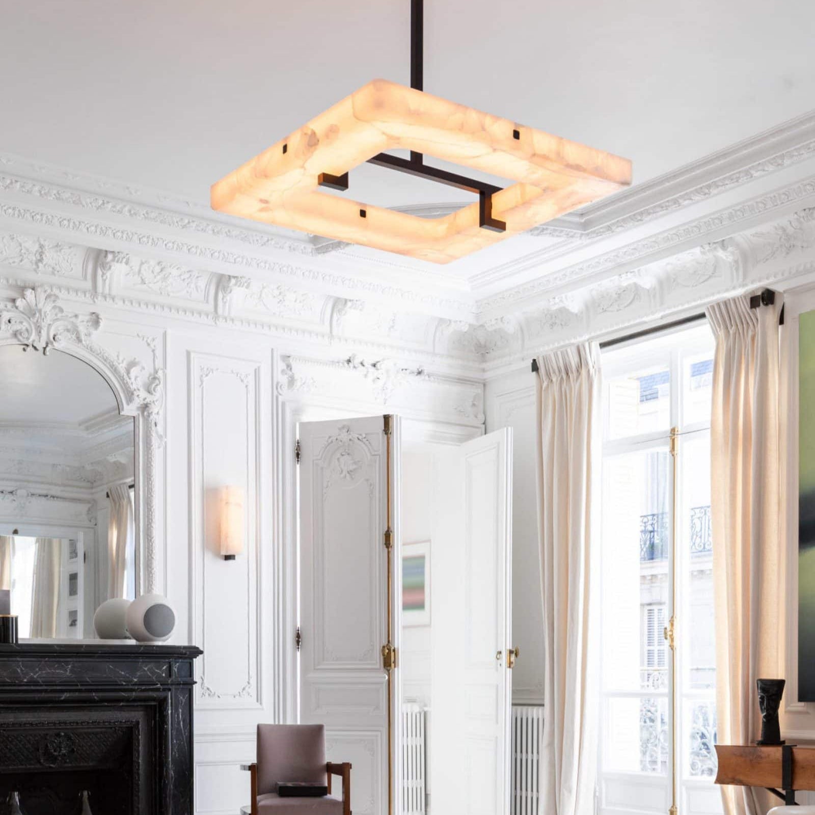 Aidan Modern Square Alabaster Chandelier - Alabaster, Alabaster lightings, Bedroom, Black, CCCC, Chandelier, Chandeliers, Dining & Kitchen, Living Room, metal, Modern, Rectangular-1-Luxehomezone