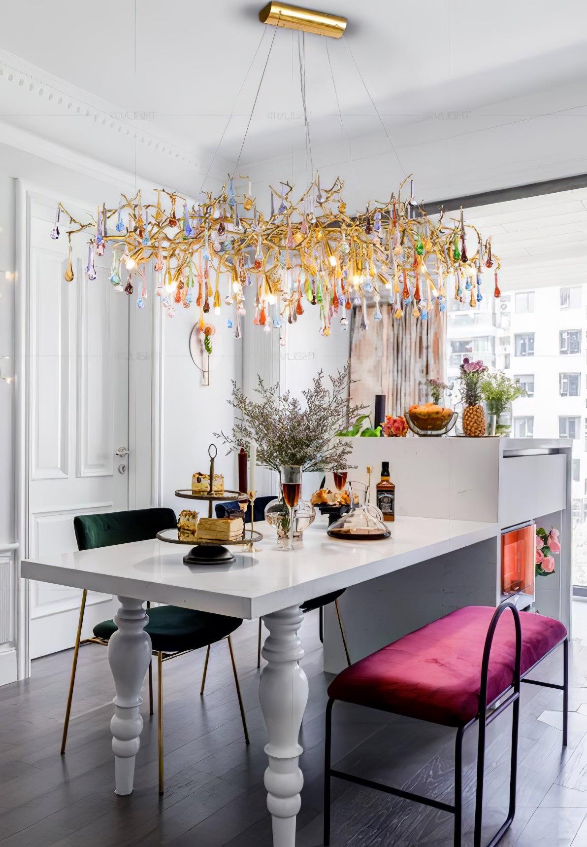 Colorful Teardrop Brass Branch Chandelier - Branch, Crystals-1-Luxehomezone