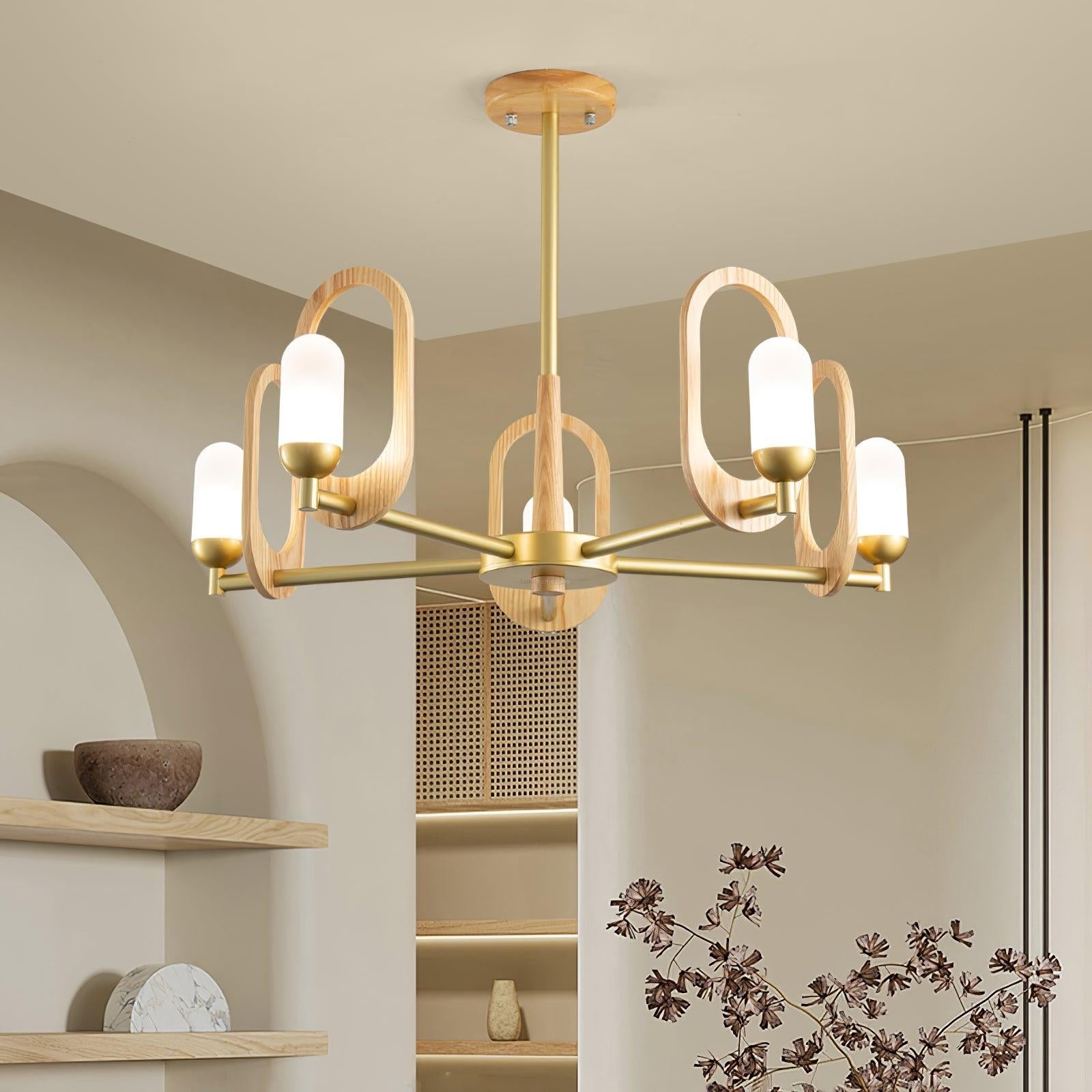 Wood Art Halo Chandelier with 3/5 heads - Wood, Wood Color & Gold-1-Luxehomezone
