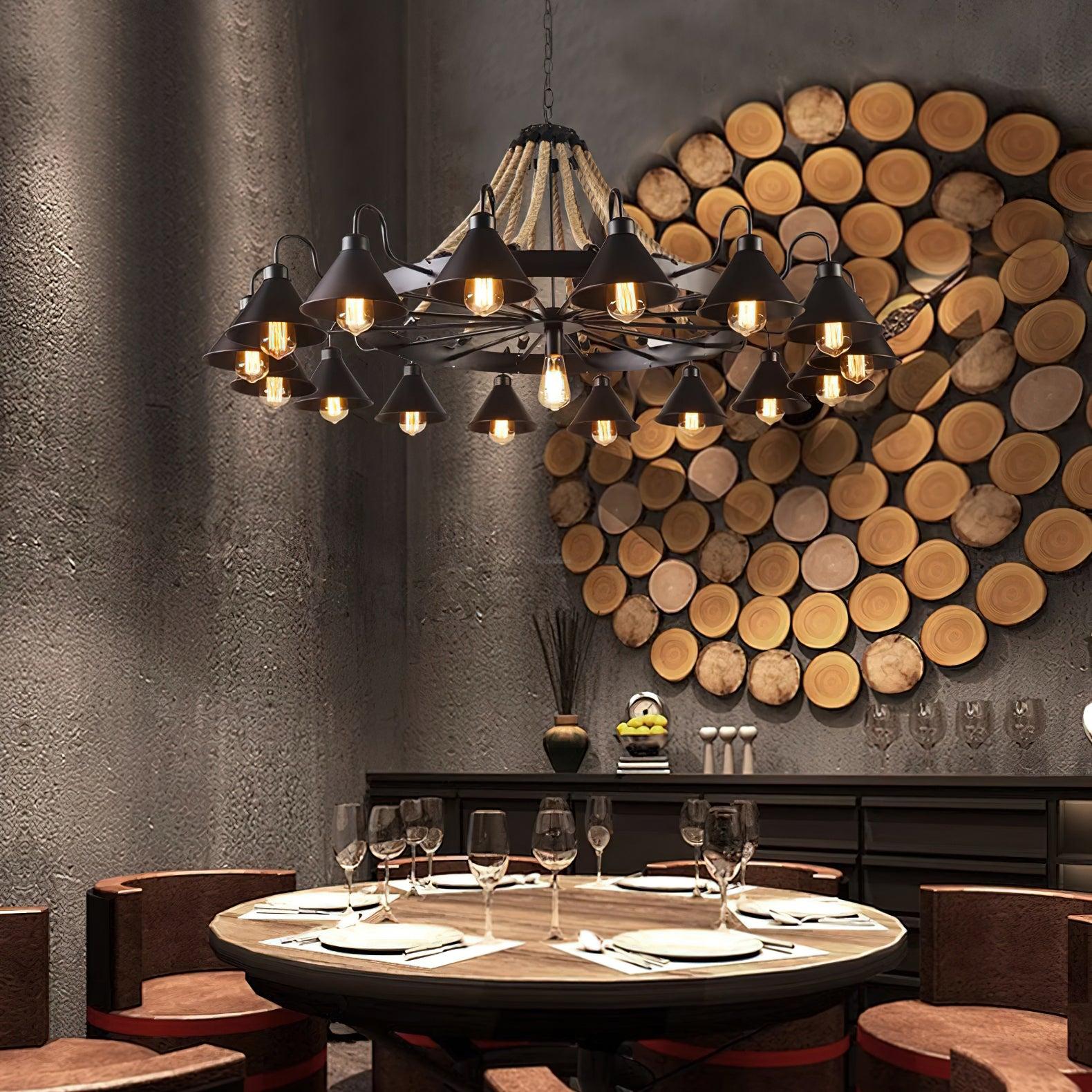 Hemp Rope Industrial Horn Chandelier with 6/8/12/16 heads - Hemp Rope-1-Luxehomezone