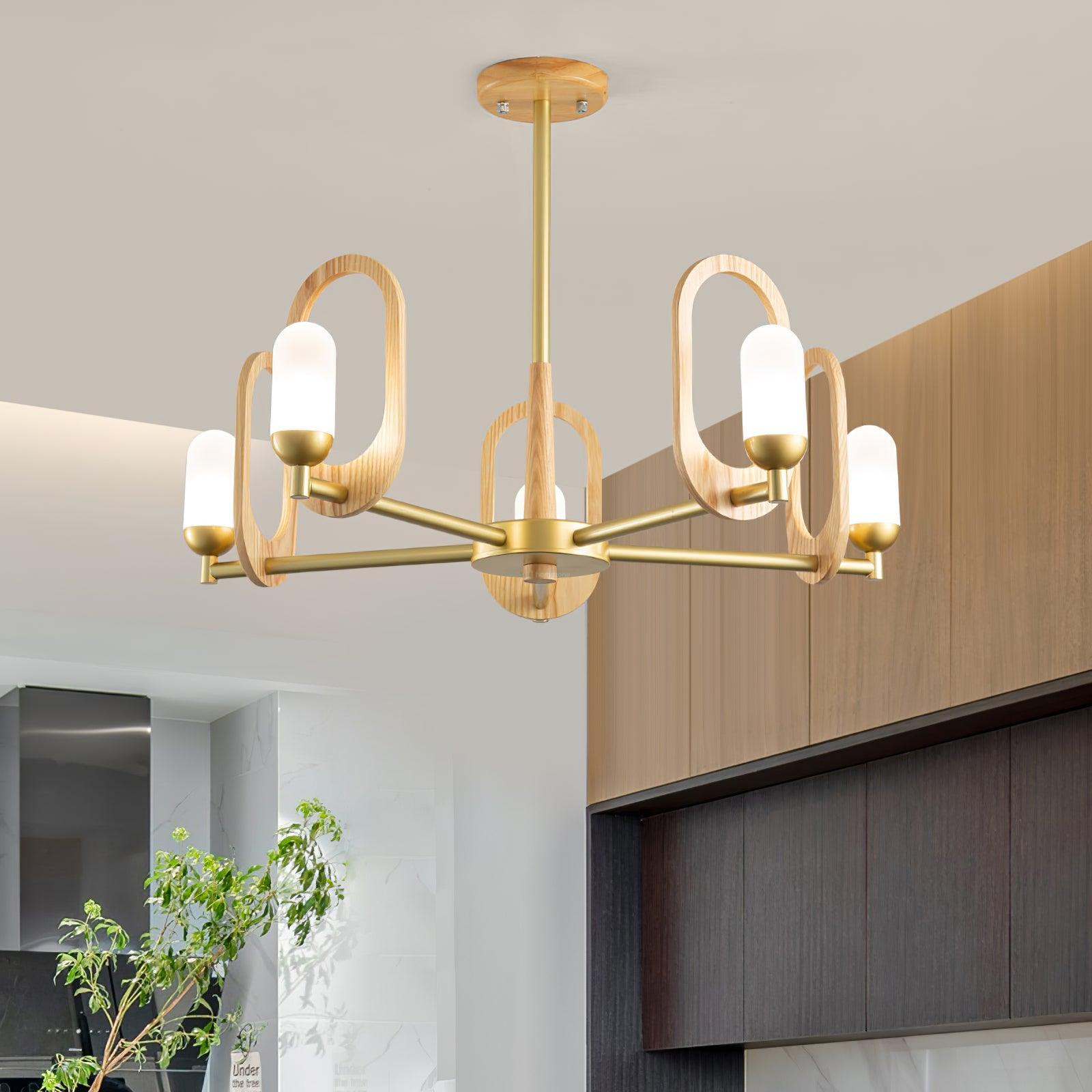 Wood Art Halo Chandelier with 3/5 heads - Wood, Wood Color & Gold-1-Luxehomezone