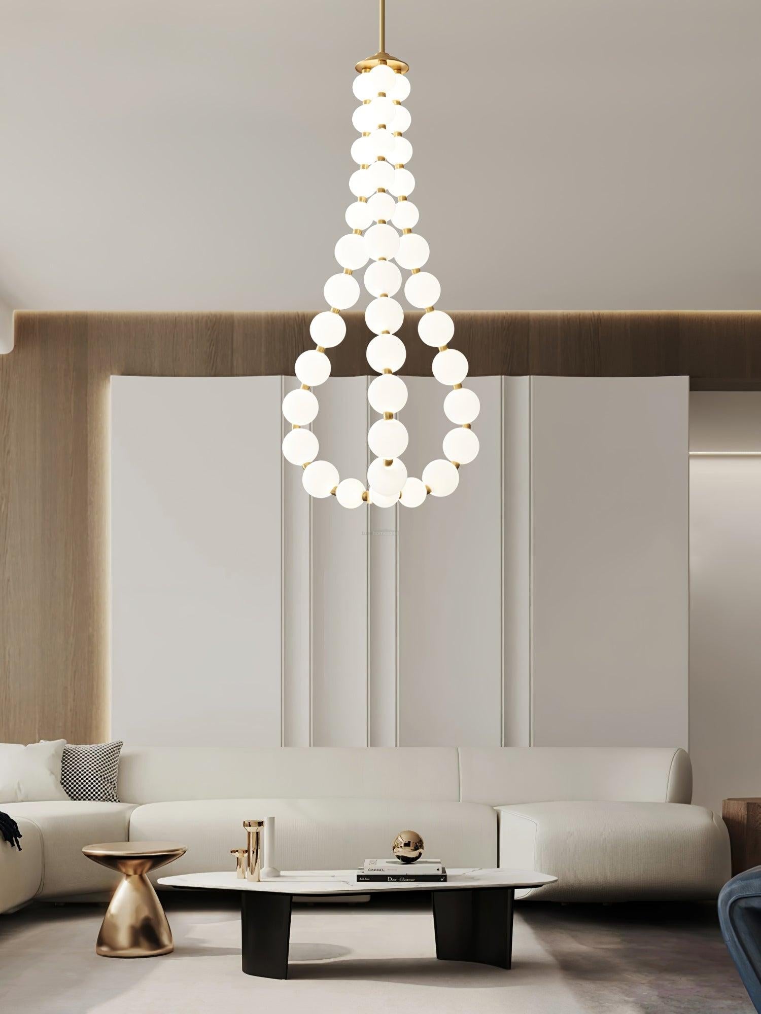 Acrylic Pearl Necklace Style Chandelier - Brass & White, Cluster-1-Luxehomezone