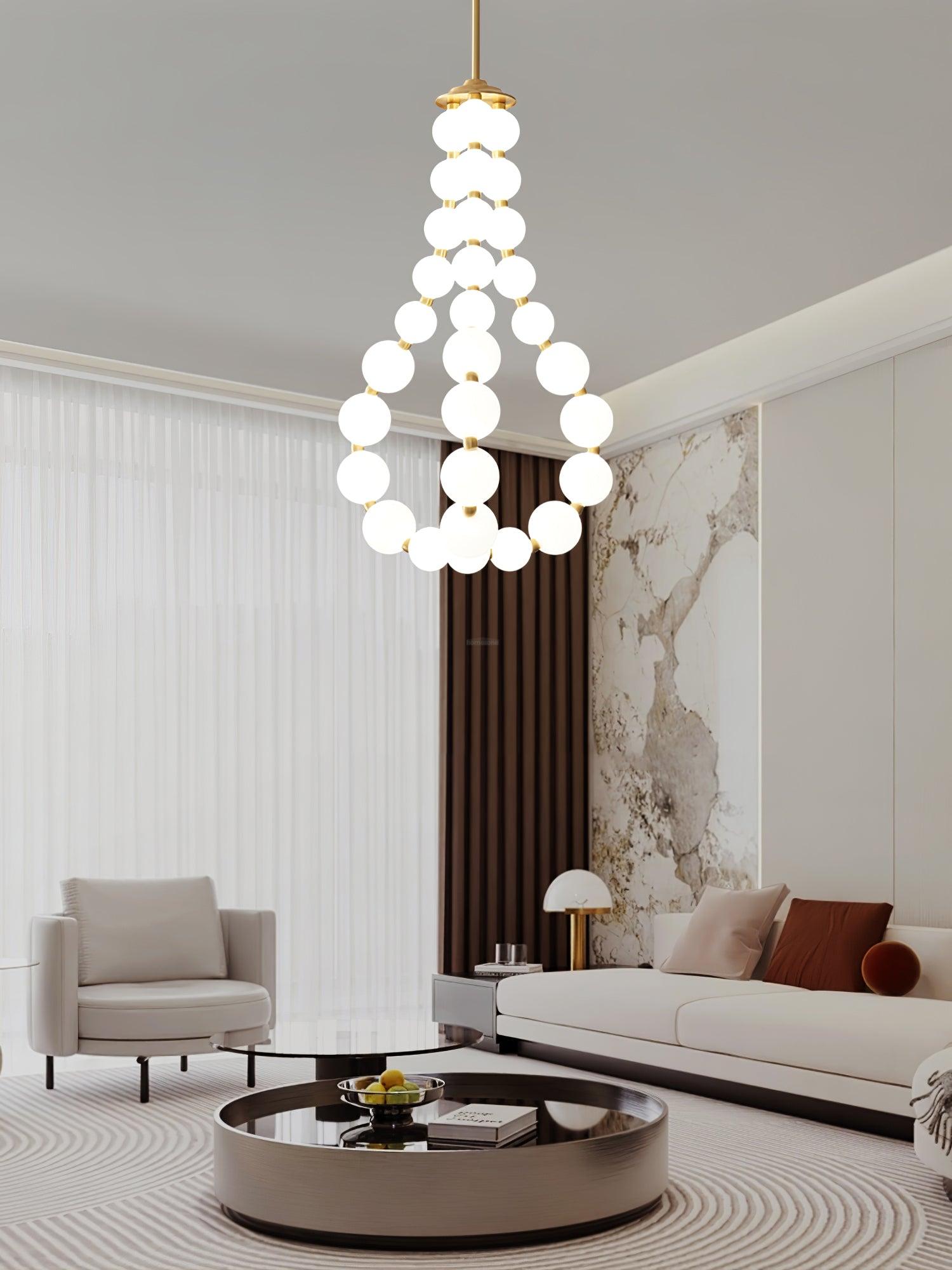 Acrylic Pearl Necklace Style Chandelier - Brass & White, Cluster-1-Luxehomezone