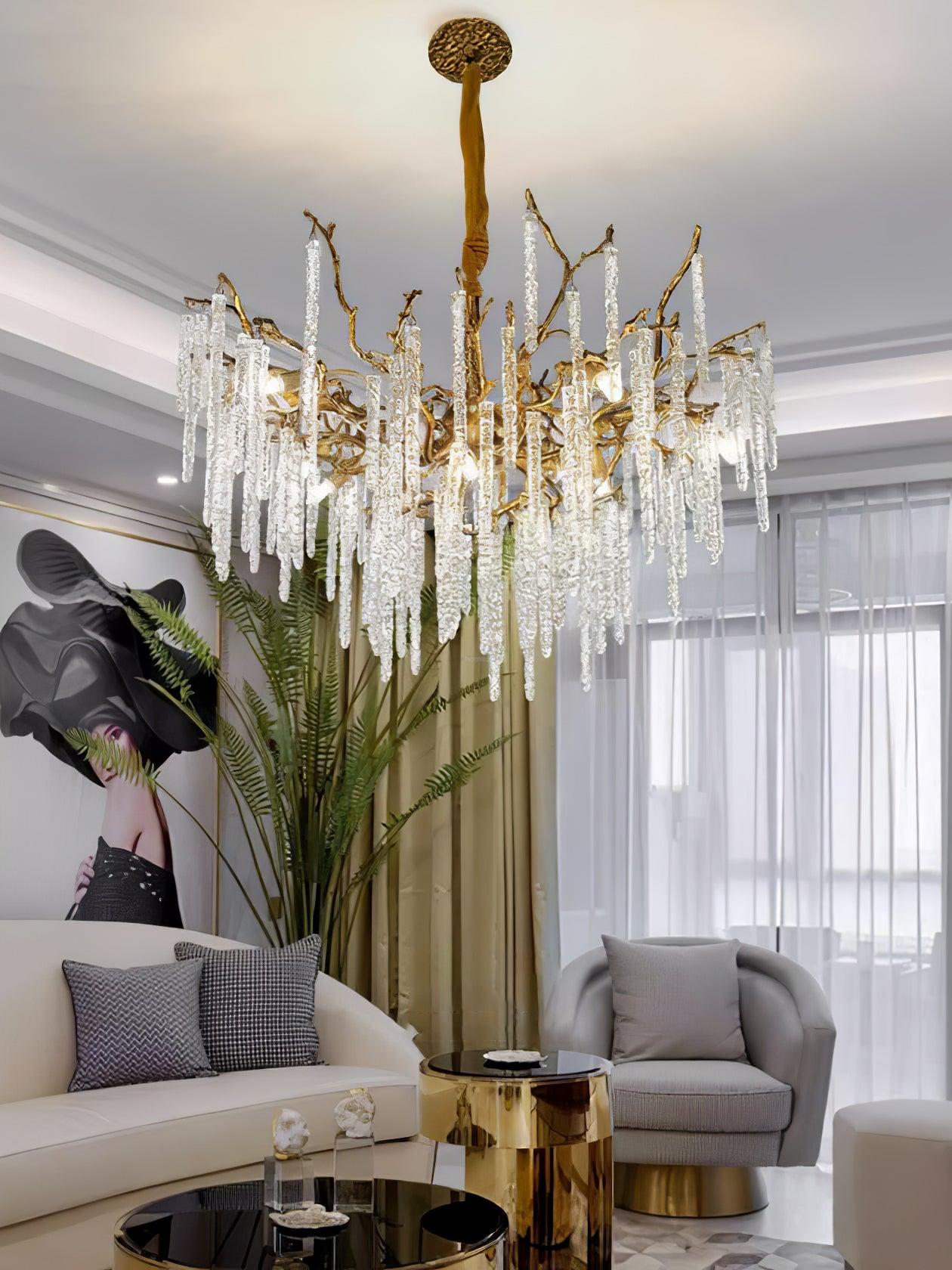 Crystal Icicles Branch Type Brass Chandelier - Branch, Crystals-1-Luxehomezone