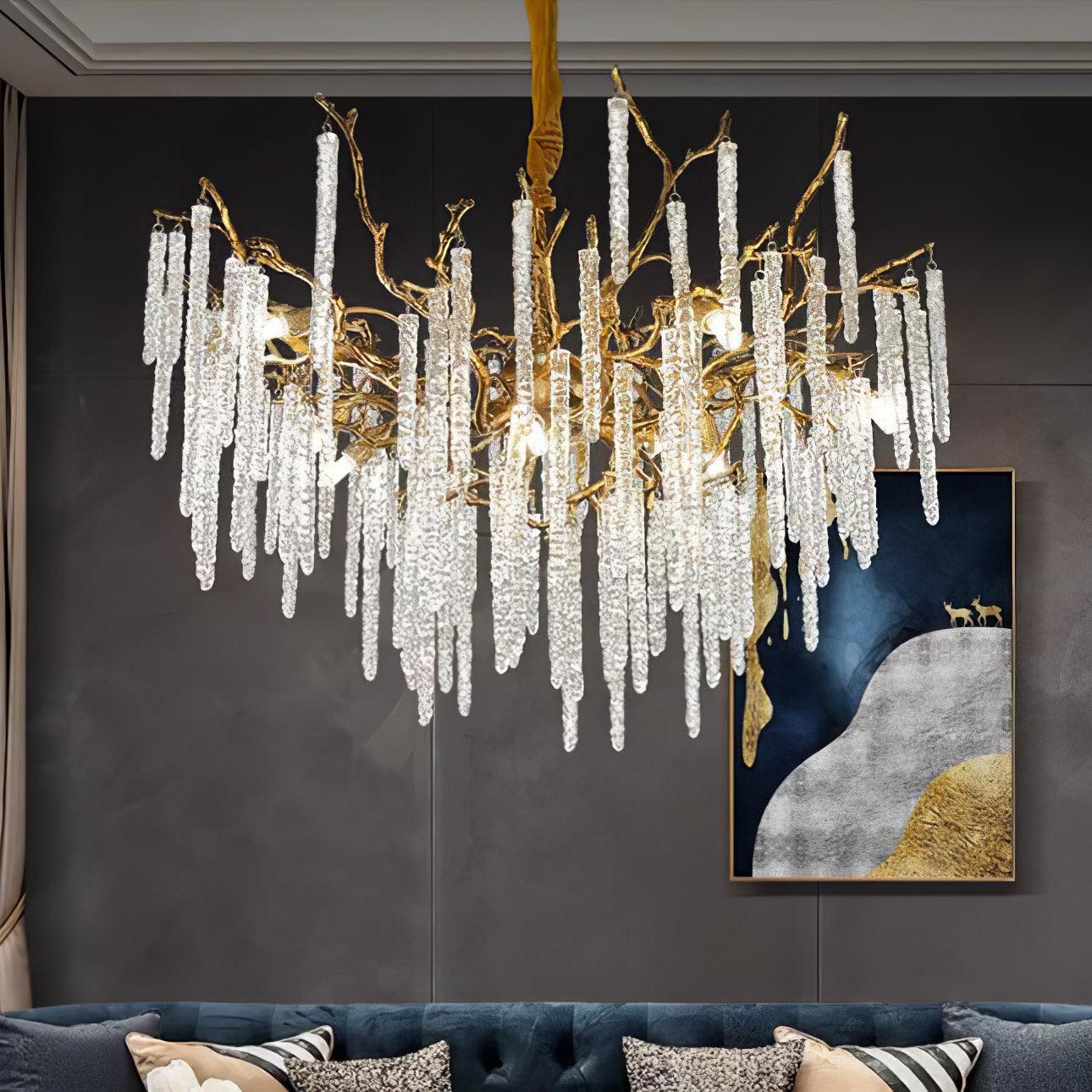 Crystal Icicles Branch Type Brass Chandelier - Branch, Crystals-1-Luxehomezone