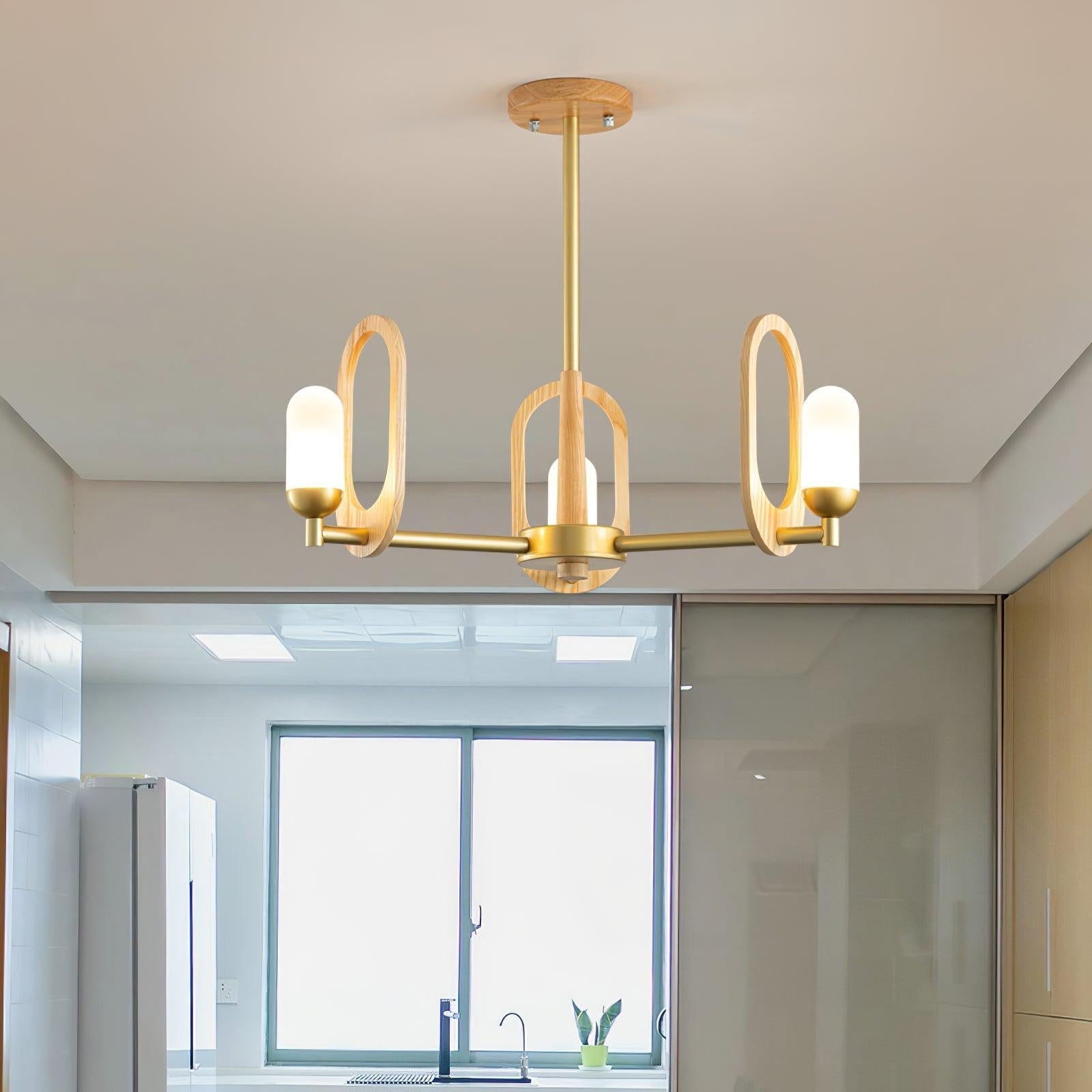 Wood Art Halo Chandelier with 3/5 heads - Wood, Wood Color & Gold-1-Luxehomezone
