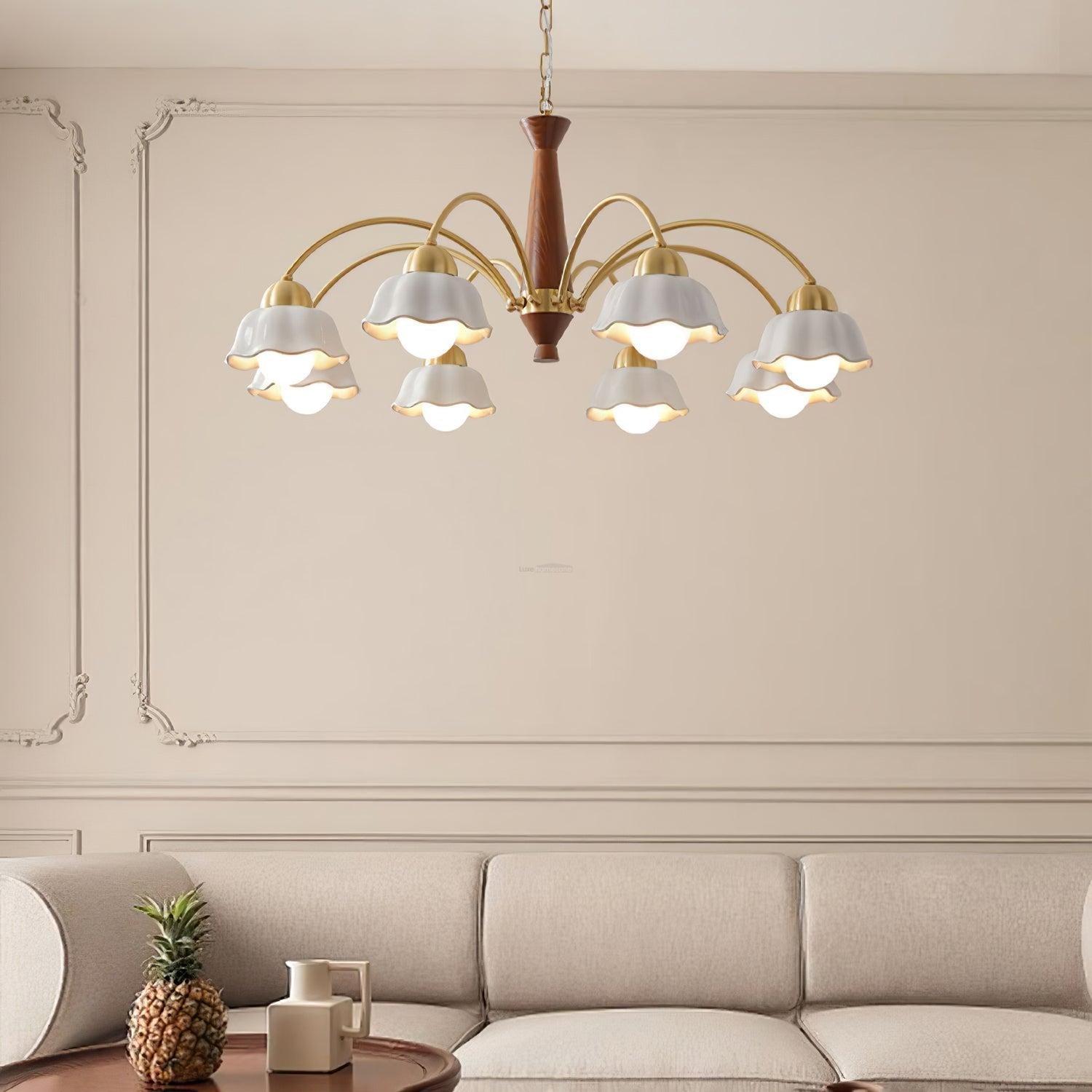 Swedish Modern Brass Chandelier with 3/5/6/8 heads - Flower Ceramic, Optimized-1-Luxehomezone