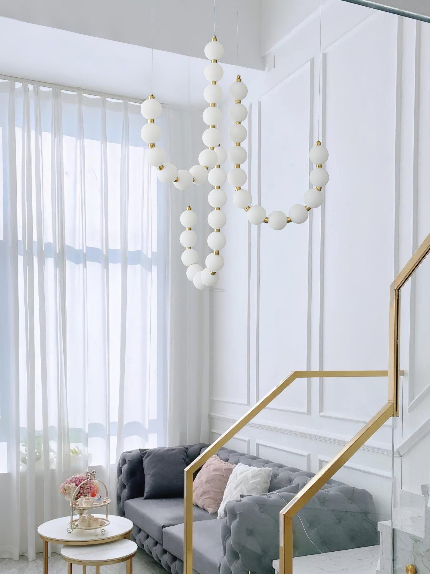 Acrylic Pearl Necklace Style Chandelier - Brass & White, Cluster-1-Luxehomezone