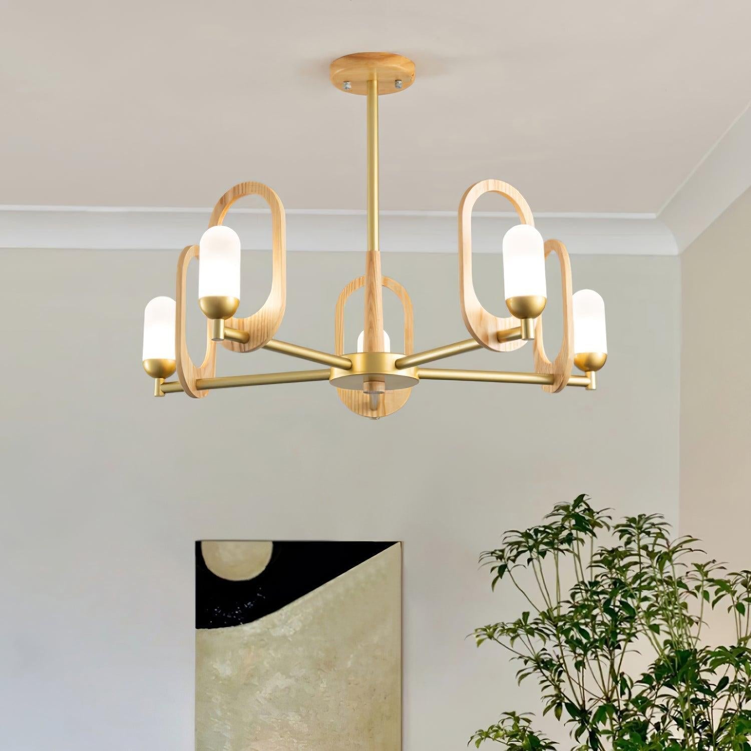 Wood Art Halo Chandelier with 3/5 heads - Wood, Wood Color & Gold-1-Luxehomezone