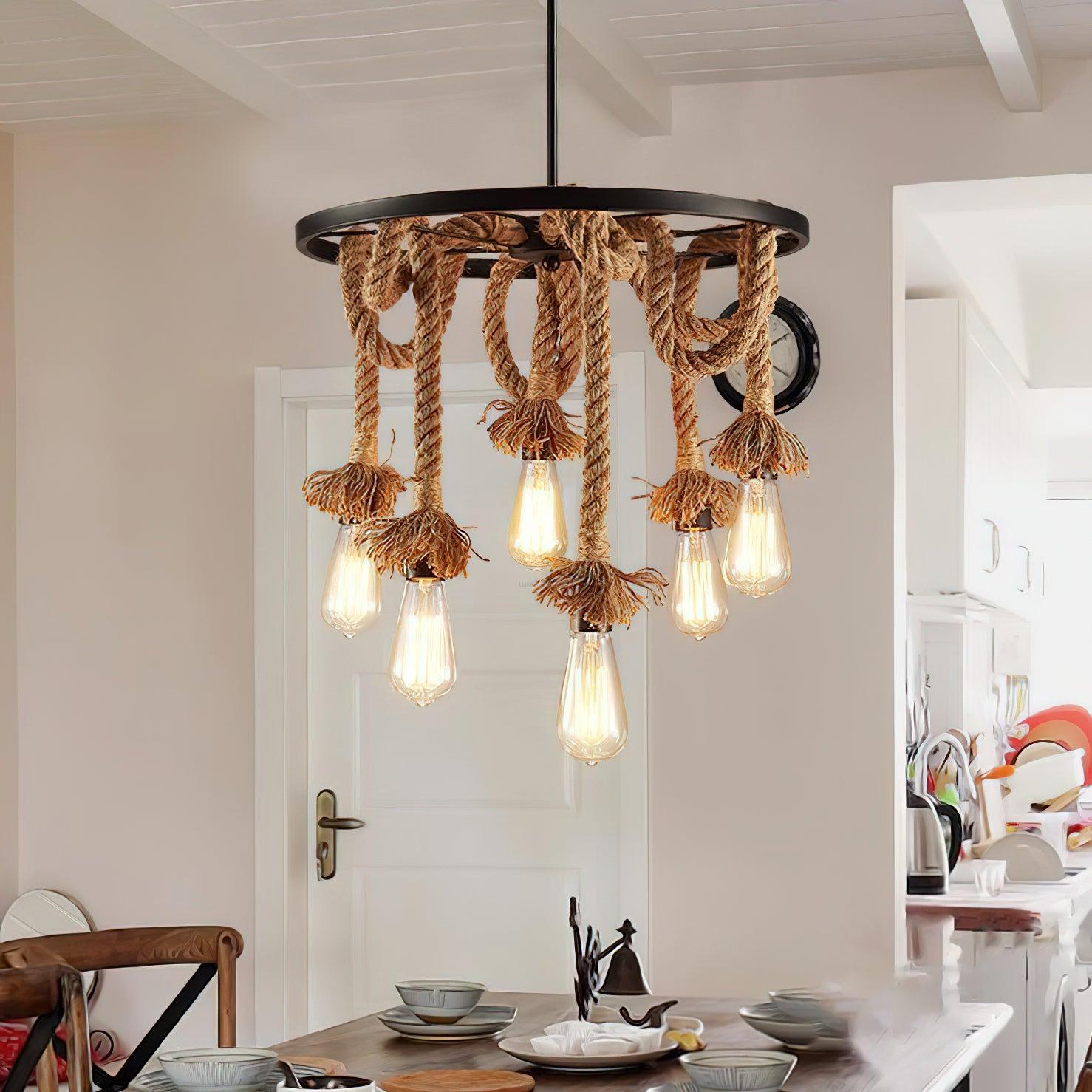 Hemp Rope Industrial Six Head Chandelier ∅ 19.7″ - Luxehomezone