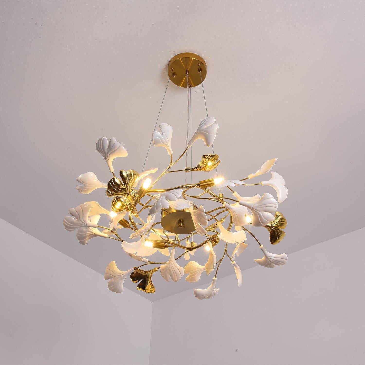 Gingko Chandelier Style P - Gingko, Gingko Chandelier, Gold & White-1-Luxehomezone
