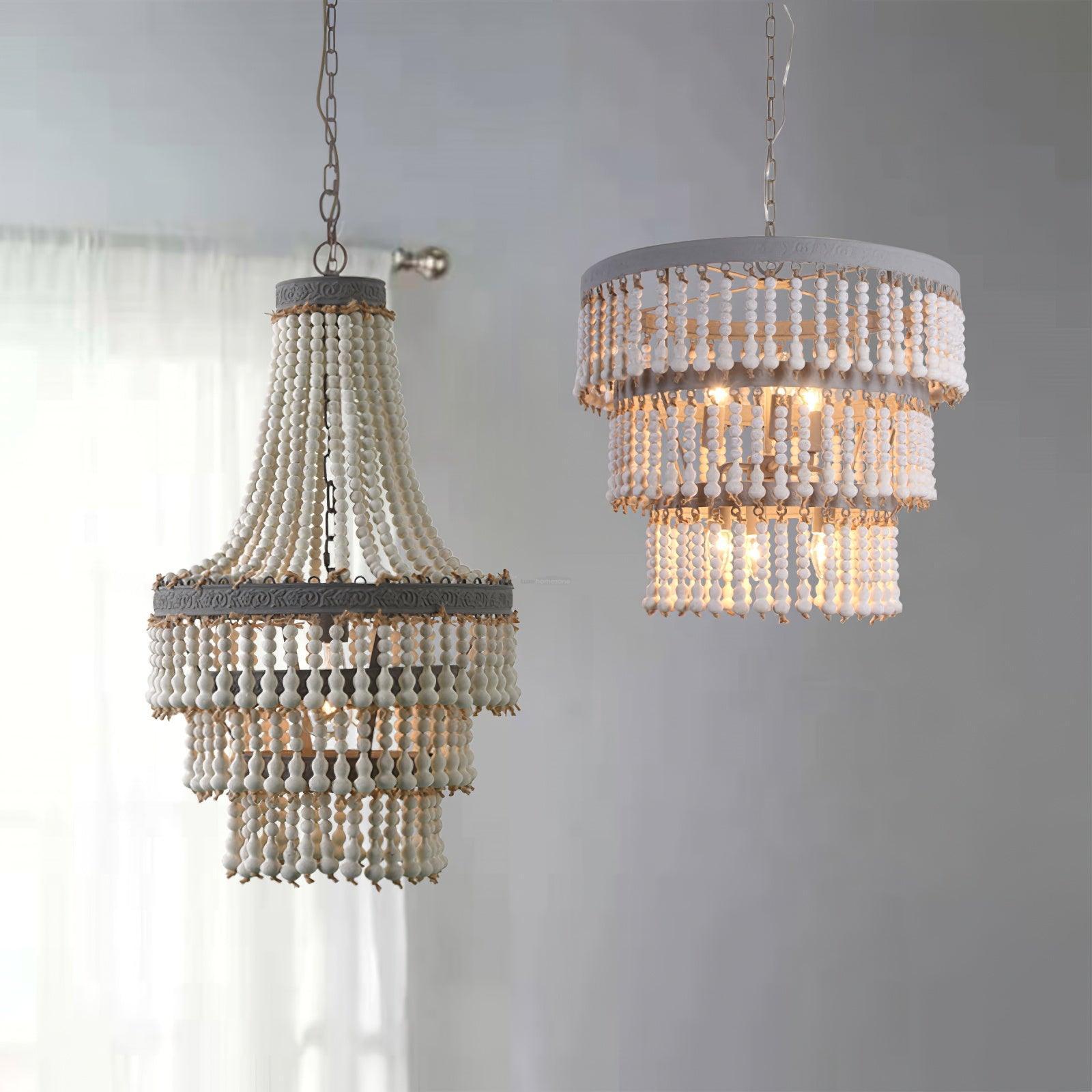 Three Tiered Wood Beaded Chandelier Φ 21.7″ - Wooden Beads-1-Luxehomezone