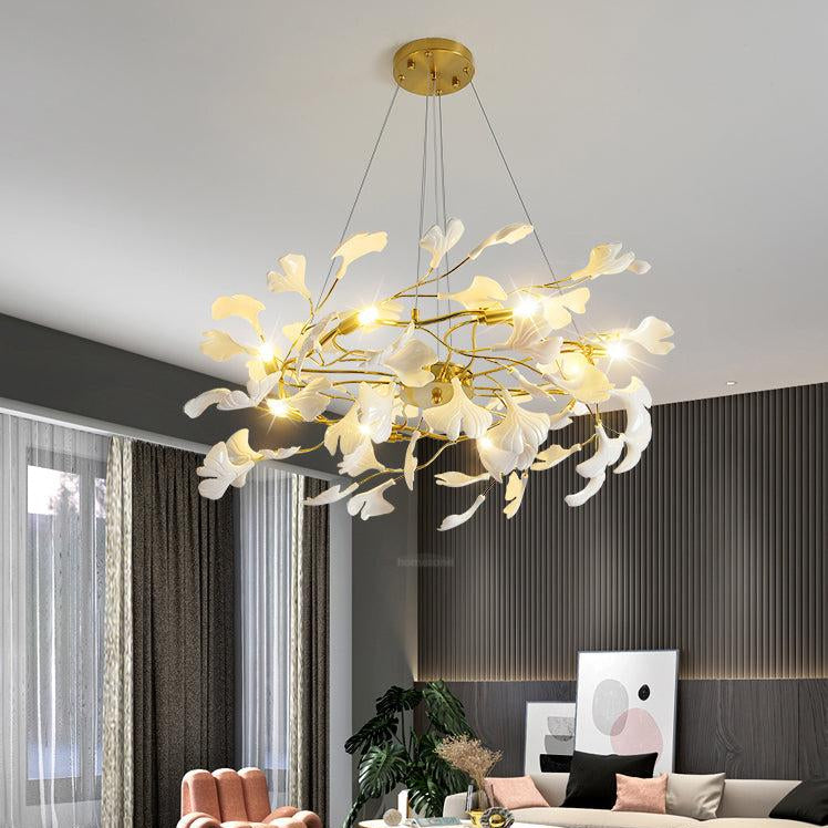 Gingko Chandelier Style P - Gingko, Gingko Chandelier, Gold & White-1-Luxehomezone