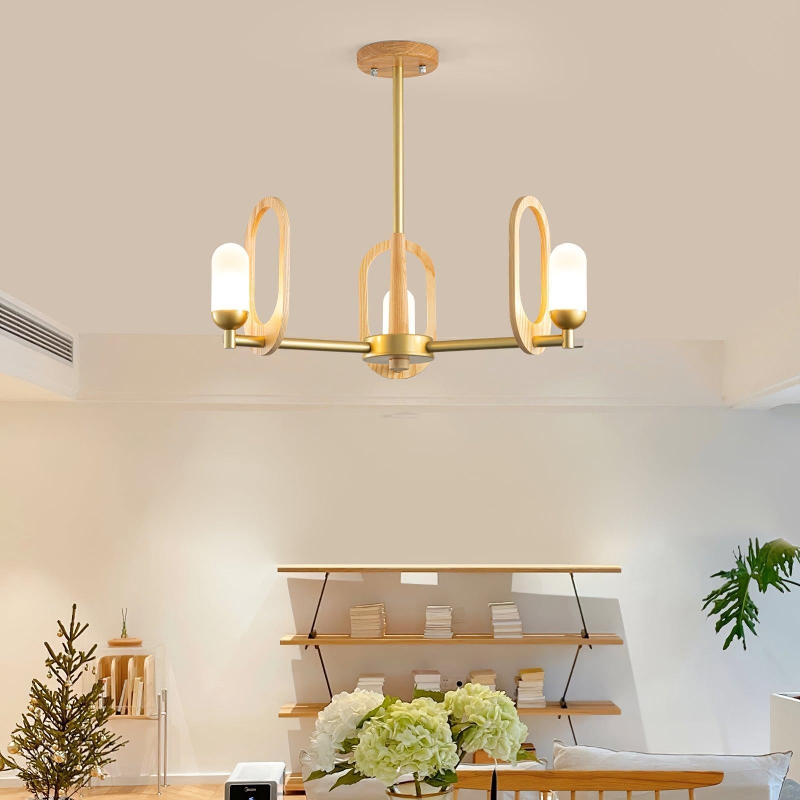 Wood Art Halo Chandelier with 3/5 heads - Wood, Wood Color & Gold-1-Luxehomezone