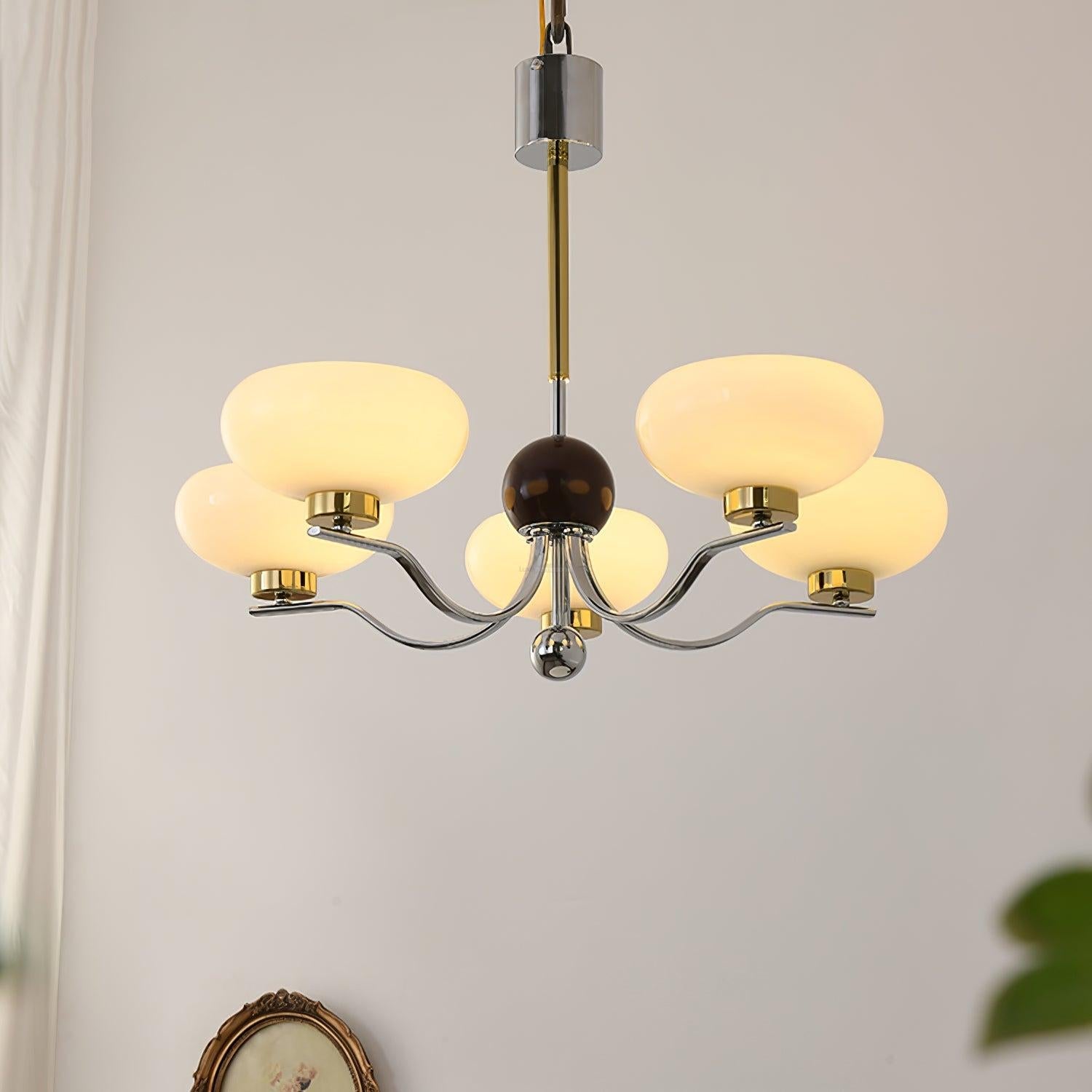 Medieval Glass Bowl Chandelier with 3/5 heads - Bend, Chrome & Gold & Creamy yellow, Chrome & Gold & Milk white, Marshmallow Chandelier-1-Luxehomezone