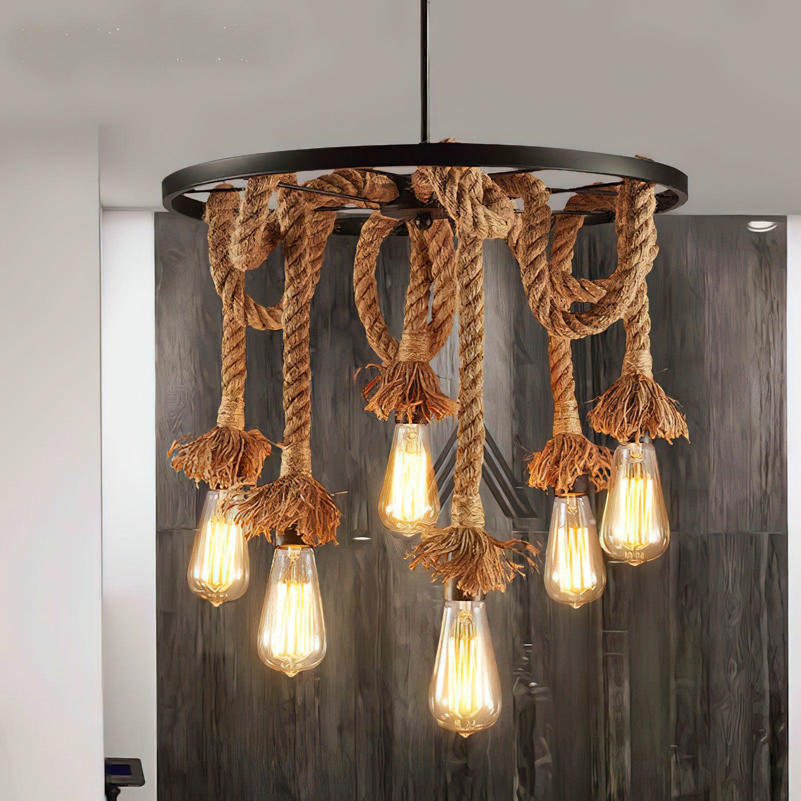 Hemp Rope Industrial Six Head Chandelier ∅ 19.7″ - Luxehomezone