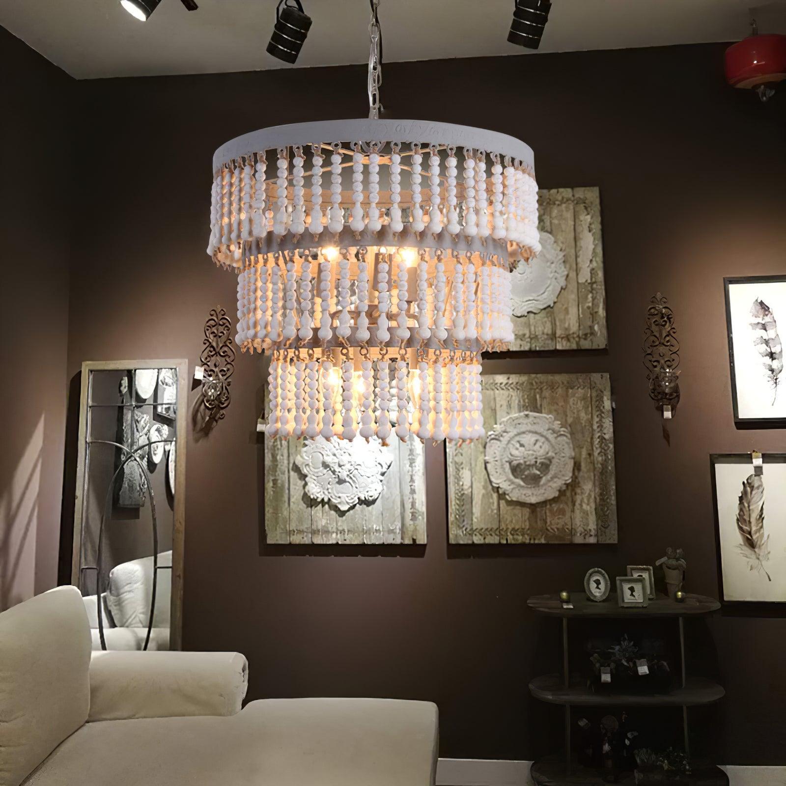 Three Tiered Wood Beaded Chandelier Φ 21.7″ - Wooden Beads-1-Luxehomezone