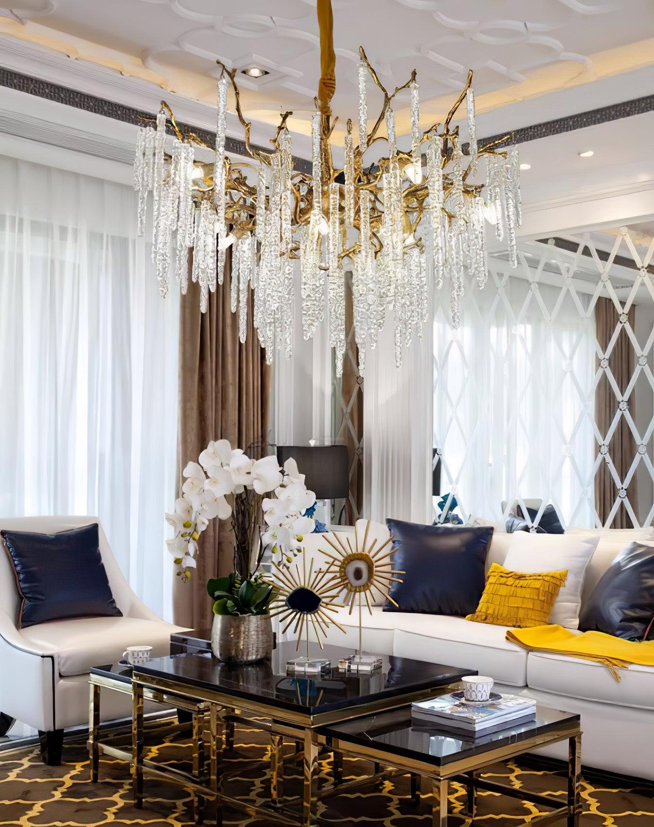 Crystal Icicles Branch Type Brass Chandelier - Branch, Crystals-1-Luxehomezone