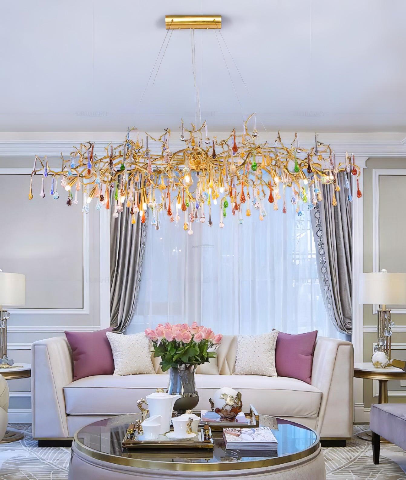 Colorful Teardrop Brass Branch Chandelier - Branch, Crystals-1-Luxehomezone