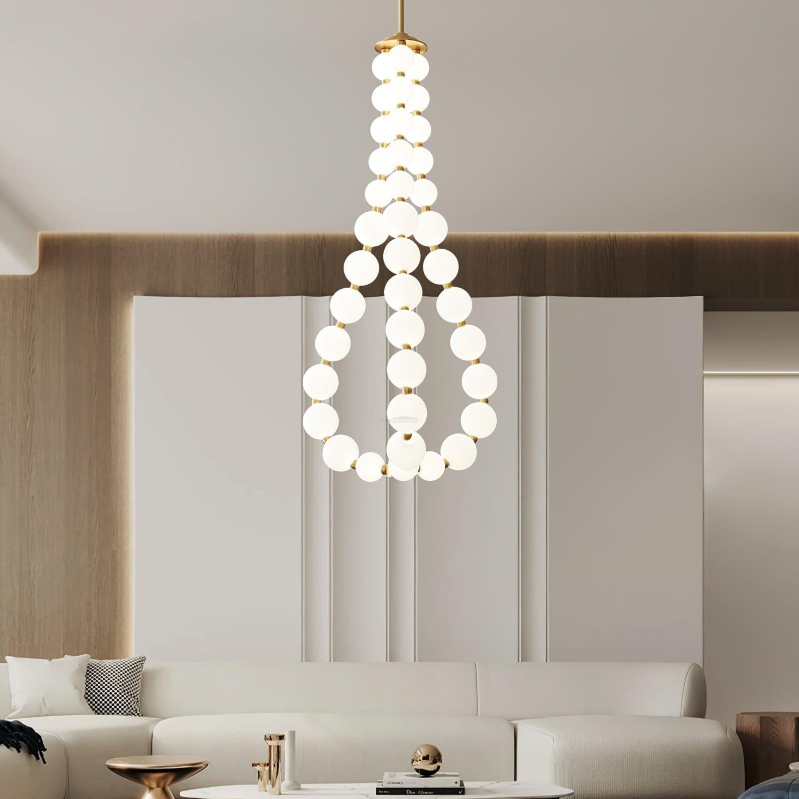 Acrylic Pearl Necklace Style Chandelier - Brass & White, Cluster-1-Luxehomezone