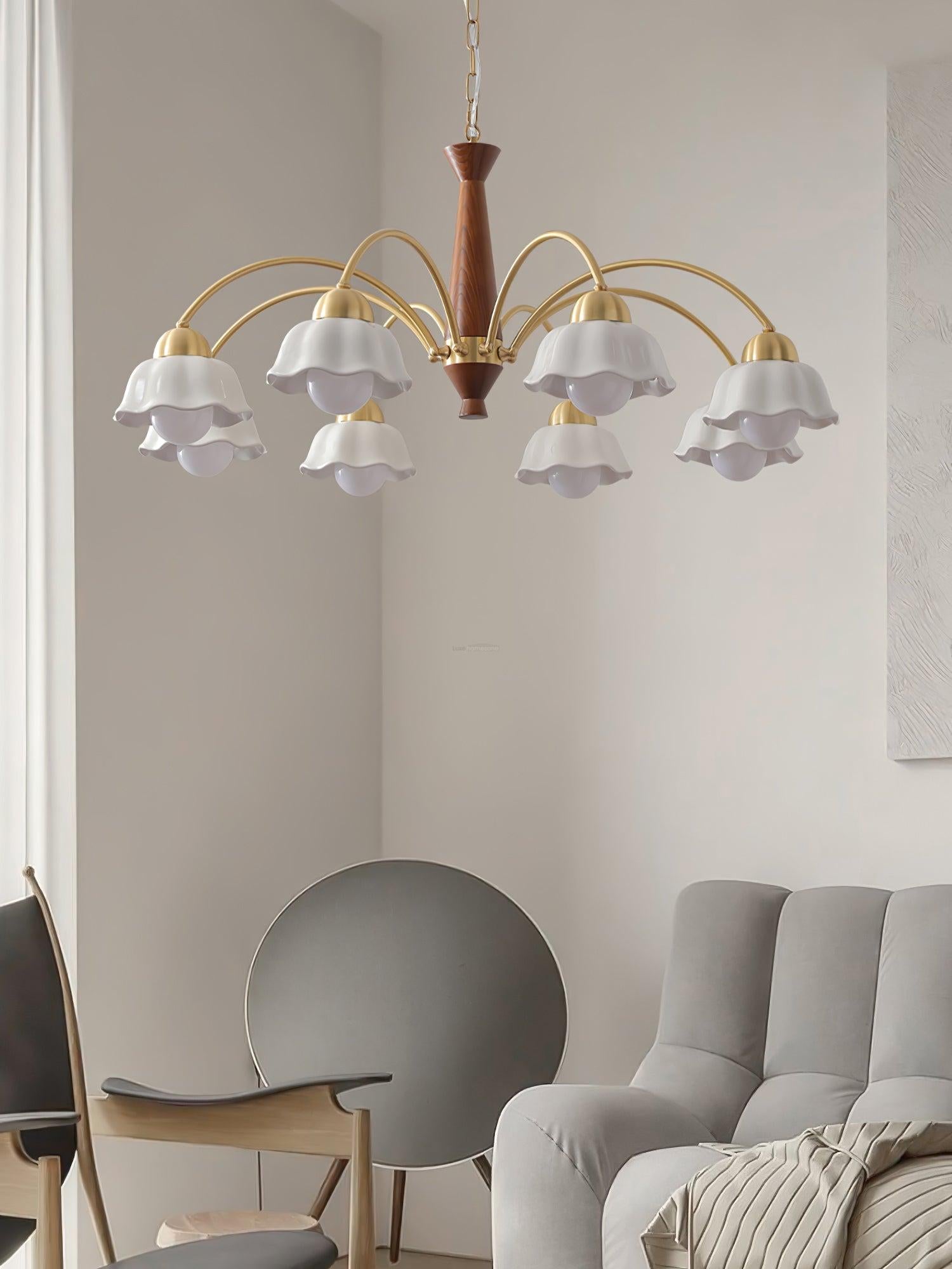 Swedish Modern Brass Chandelier with 3/5/6/8 heads - Flower Ceramic, Optimized-1-Luxehomezone