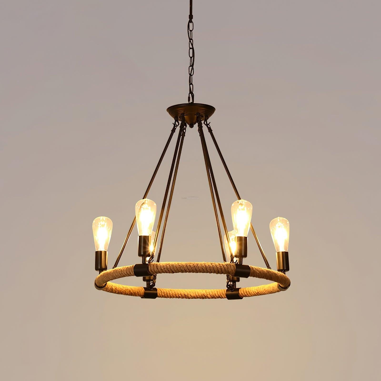 Hemp Rope Industrial Large Circle Chandelier ∅ 23.6″ - Candle-1-Luxehomezone