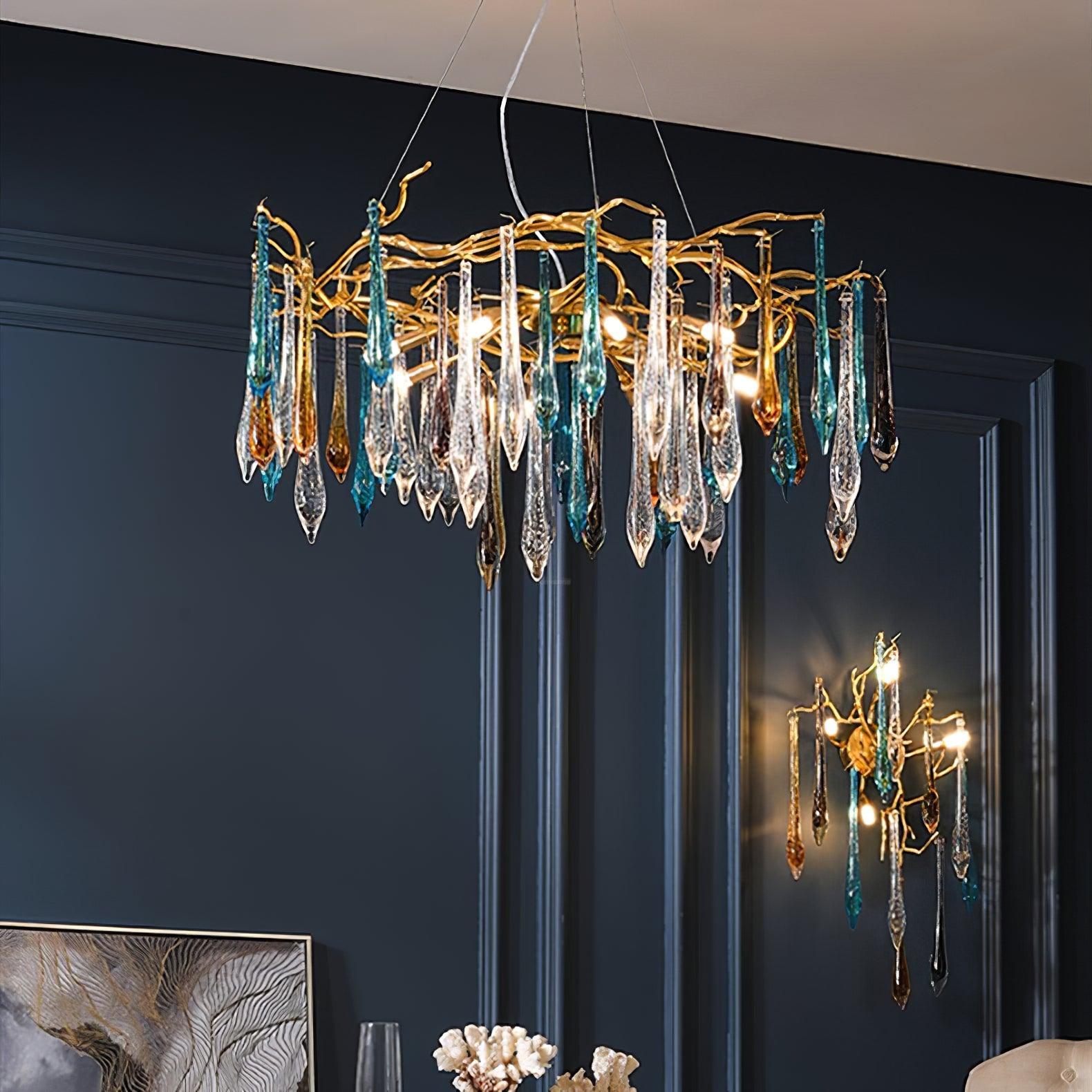 Gold Round Teardrop Style Chandelier - Branch, Crystals-1-Luxehomezone