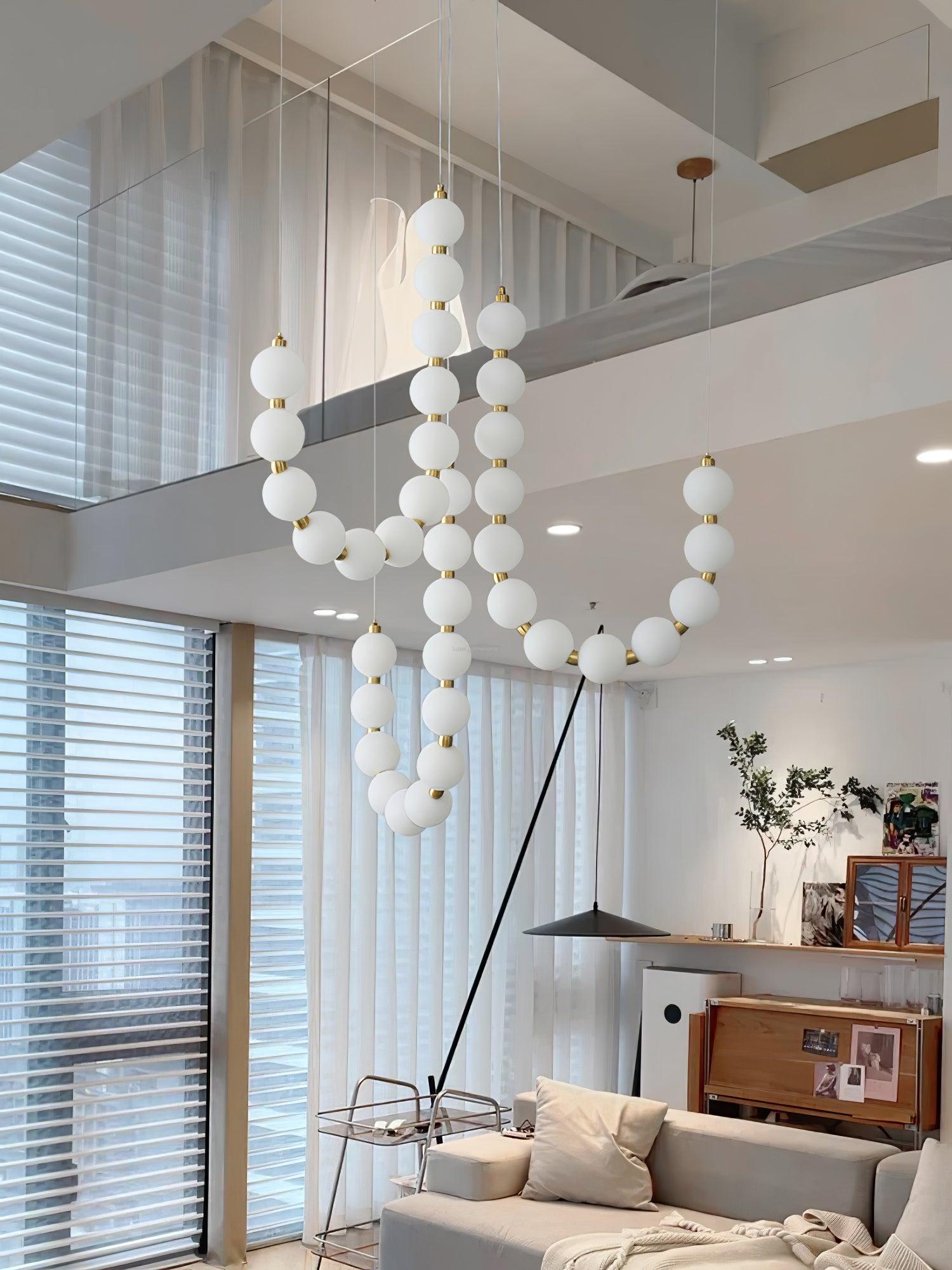 Acrylic Pearl Necklace Style Chandelier - Brass & White, Cluster-1-Luxehomezone