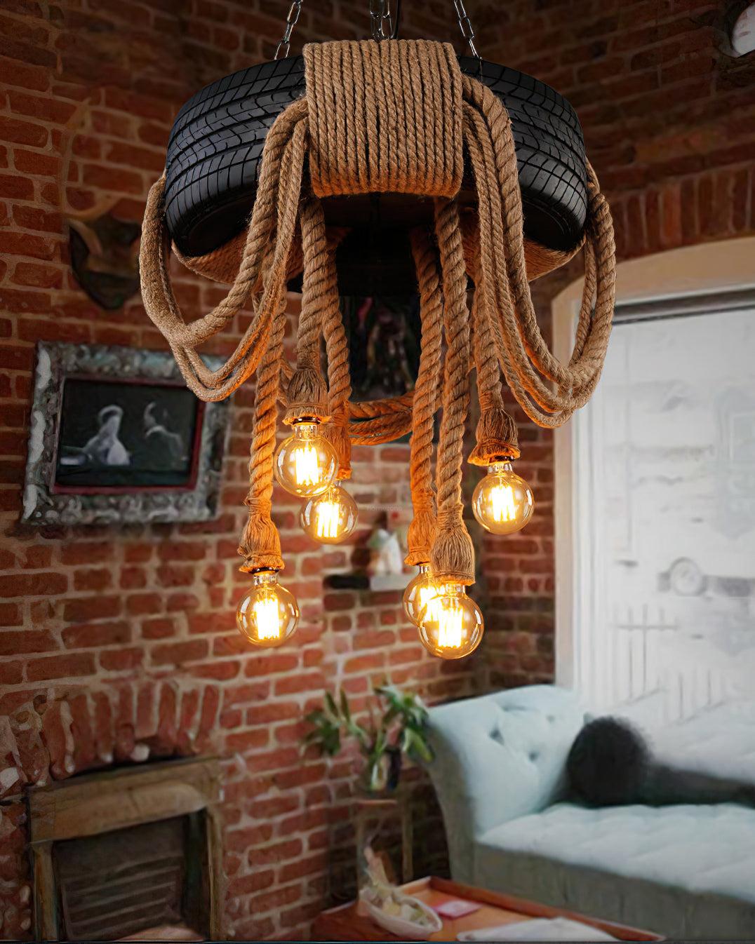 Hemp Rope Industrial Tire Chandelier ∅ 23.6″ - Luxehomezone