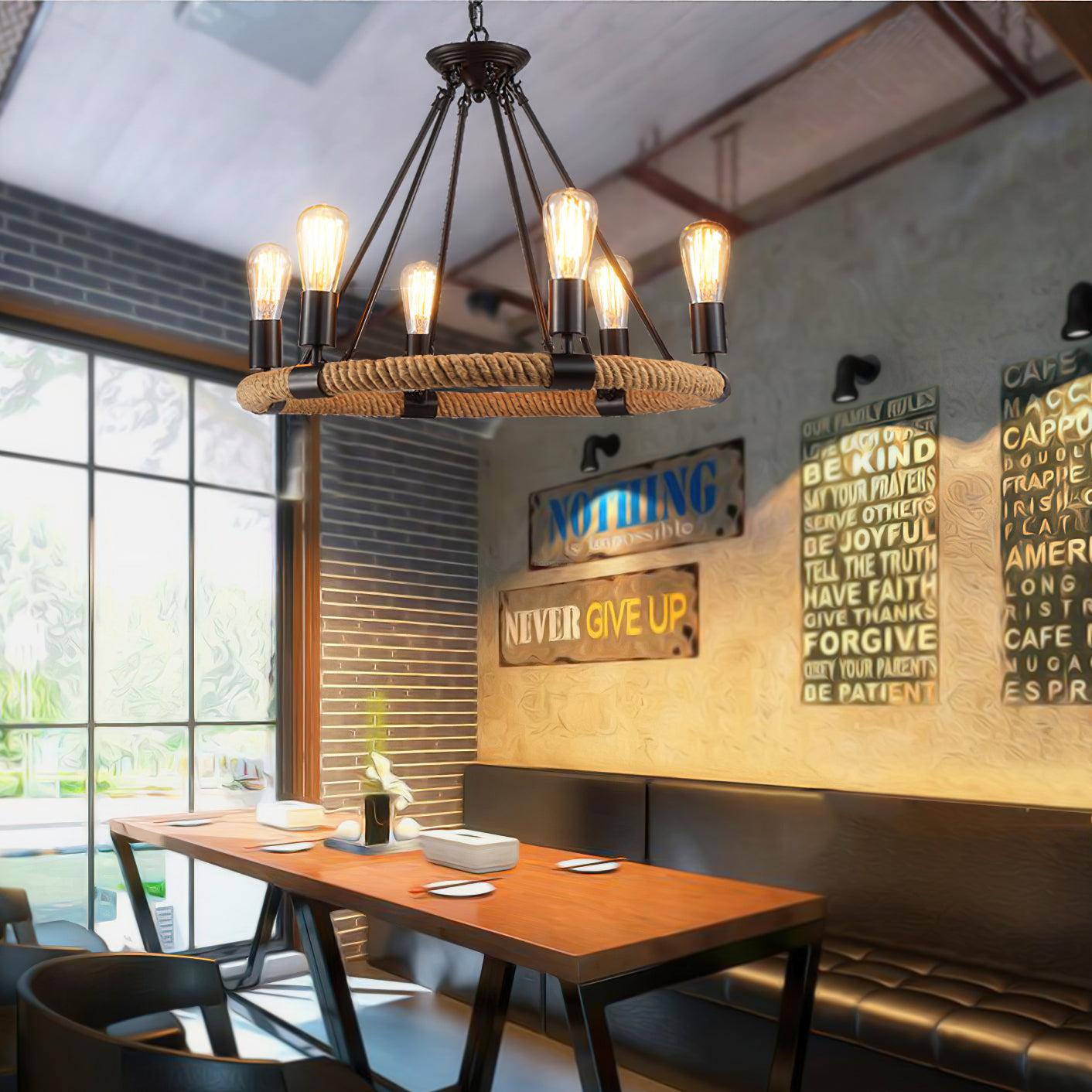 Hemp Rope Industrial Large Circle Chandelier ∅ 23.6″ - Candle-1-Luxehomezone