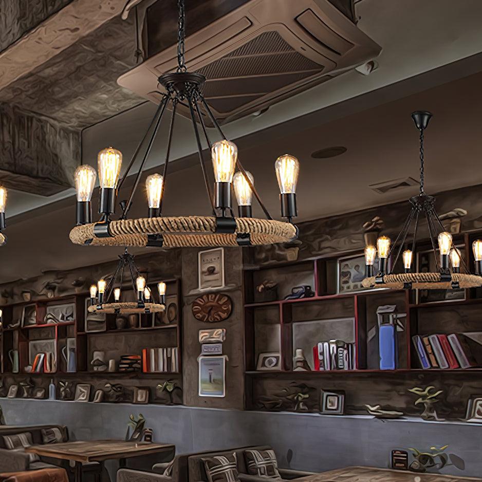 Hemp Rope Industrial Large Circle Chandelier ∅ 23.6″ - Candle-1-Luxehomezone