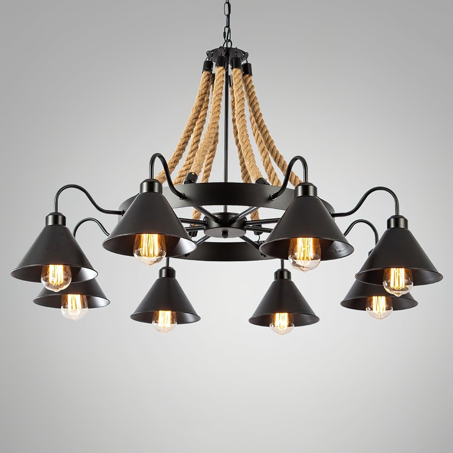 Hemp Rope Industrial Horn Chandelier with 6/8/12/16 heads - Hemp Rope-1-Luxehomezone