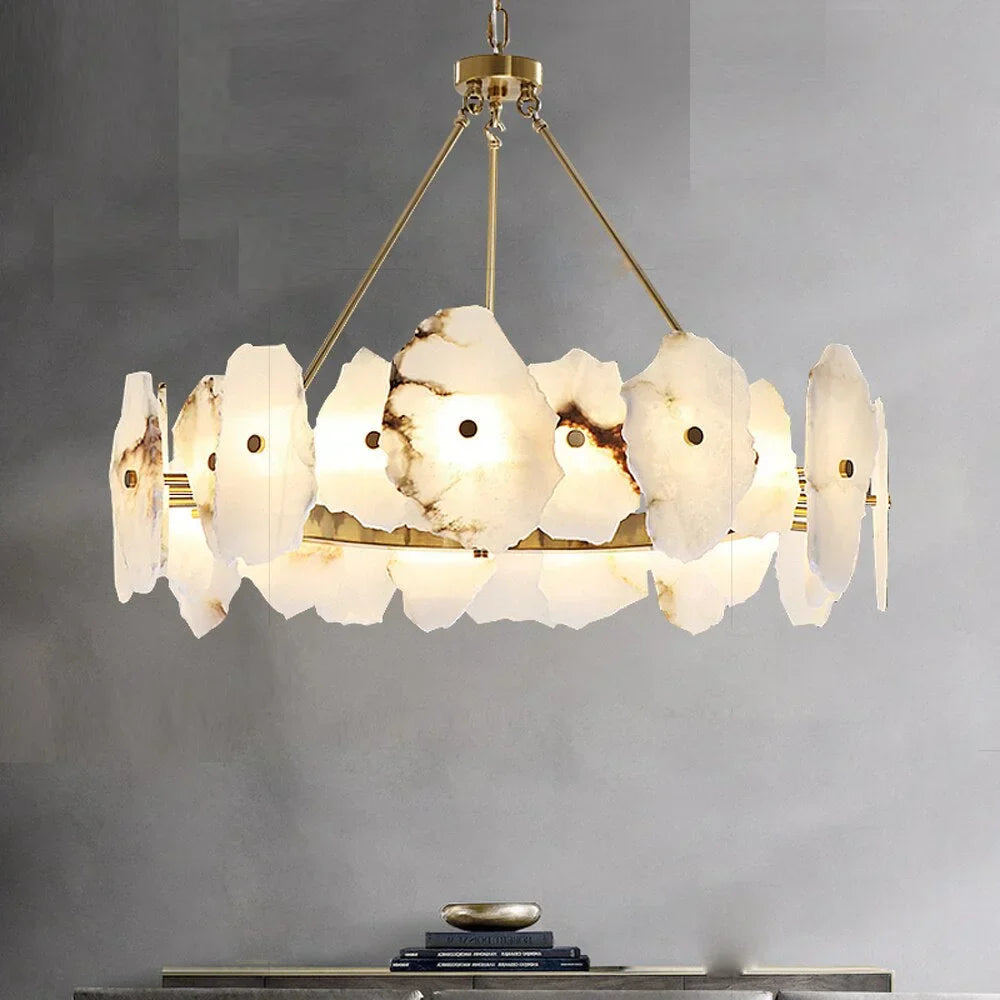 Meena Natural Alabaster Modern Round Chandelier - Alabaster, Alabaster lightings, Bedroom, brass, CCCC, Chandelier, Chandeliers, Dining & Kitchen, Dining Room, Hotel, Living Room, metal, Modern, Restaurant, Round-1-Luxehomezone