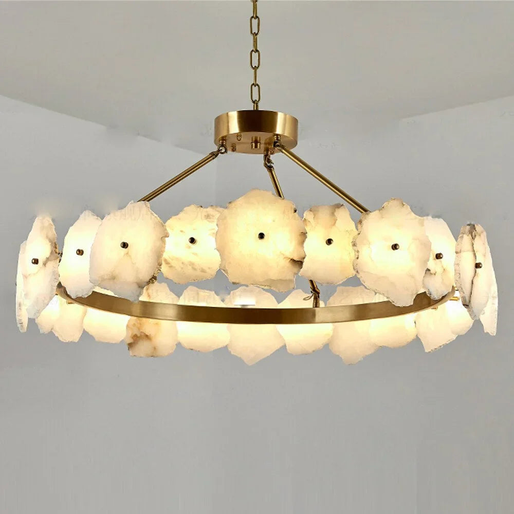 Meena Natural Alabaster Modern Round Chandelier - Alabaster, Alabaster lightings, Bedroom, brass, CCCC, Chandelier, Chandeliers, Dining & Kitchen, Dining Room, Hotel, Living Room, metal, Modern, Restaurant, Round-1-Luxehomezone